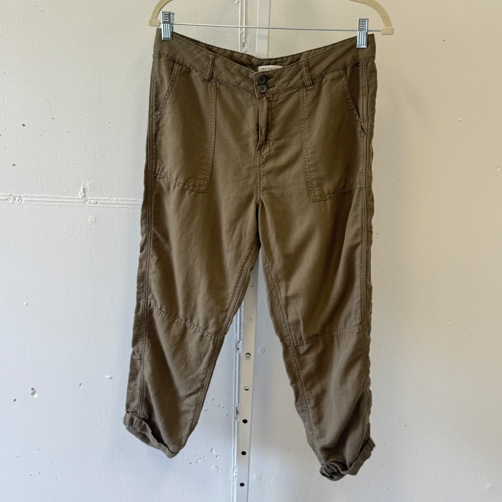 Calvin Klein Jeans Womens Brown Linen Blend Cropped Utility Cargo Pants Size Sm